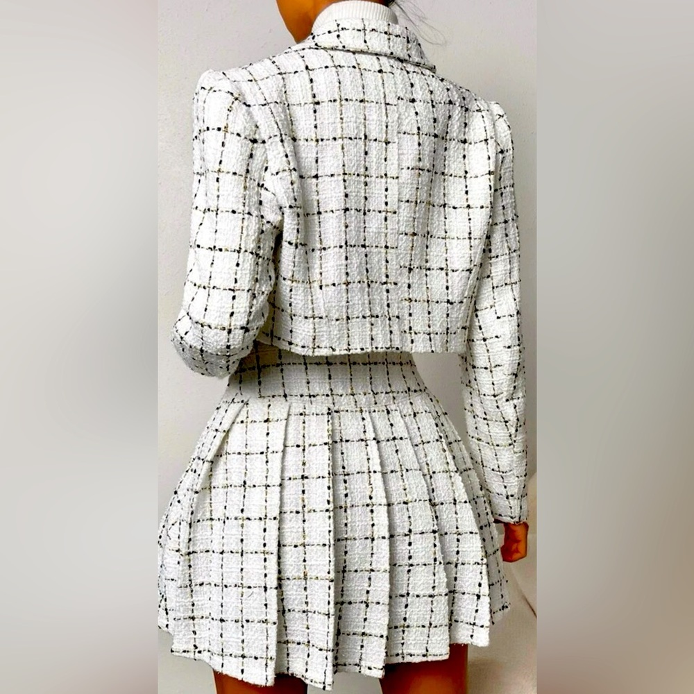 Plaid Print Flap Detail Jacket & Pleated Skirt